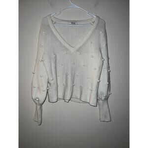 Madewell White Wool Blend Pom Pom Sweater Balloon Sleeves Small